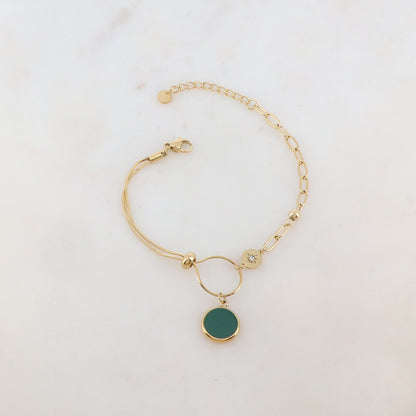 Bracelet en maille avec pièce ronde émaillée, strass, étoile, petite boule et rondelle