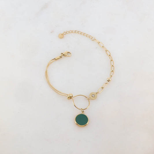 Bracelet en maille avec pièce ronde émaillée, strass, étoile, petite boule et rondelle