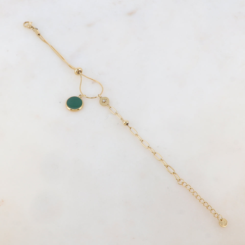 Bracelet en maille avec pièce ronde émaillée, strass, étoile, petite boule et rondelle