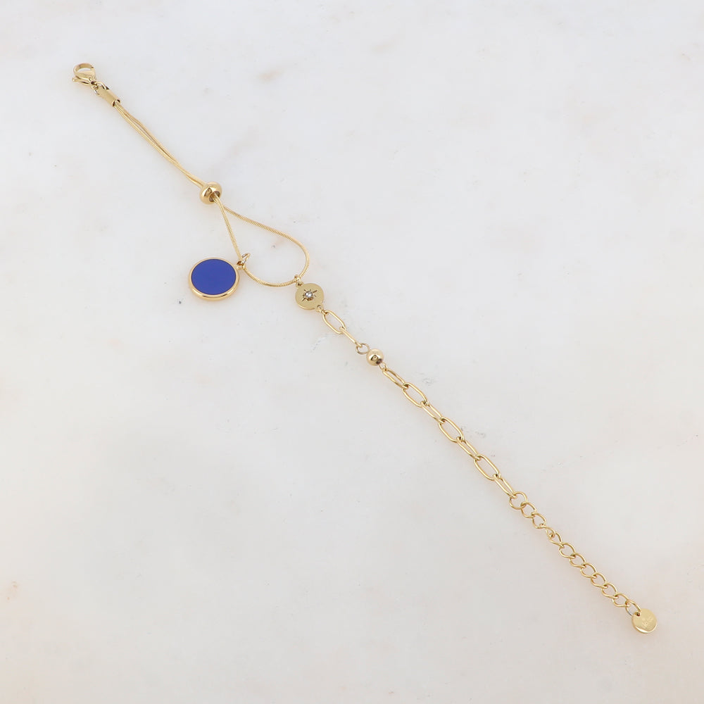Bracelet en maille avec pièce ronde émaillée, strass, étoile, petite boule et rondelle