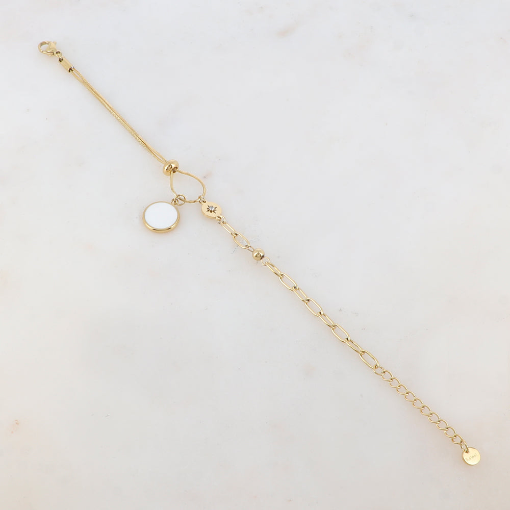 Bracelet en maille avec pièce ronde émaillée, strass, étoile, petite boule et rondelle