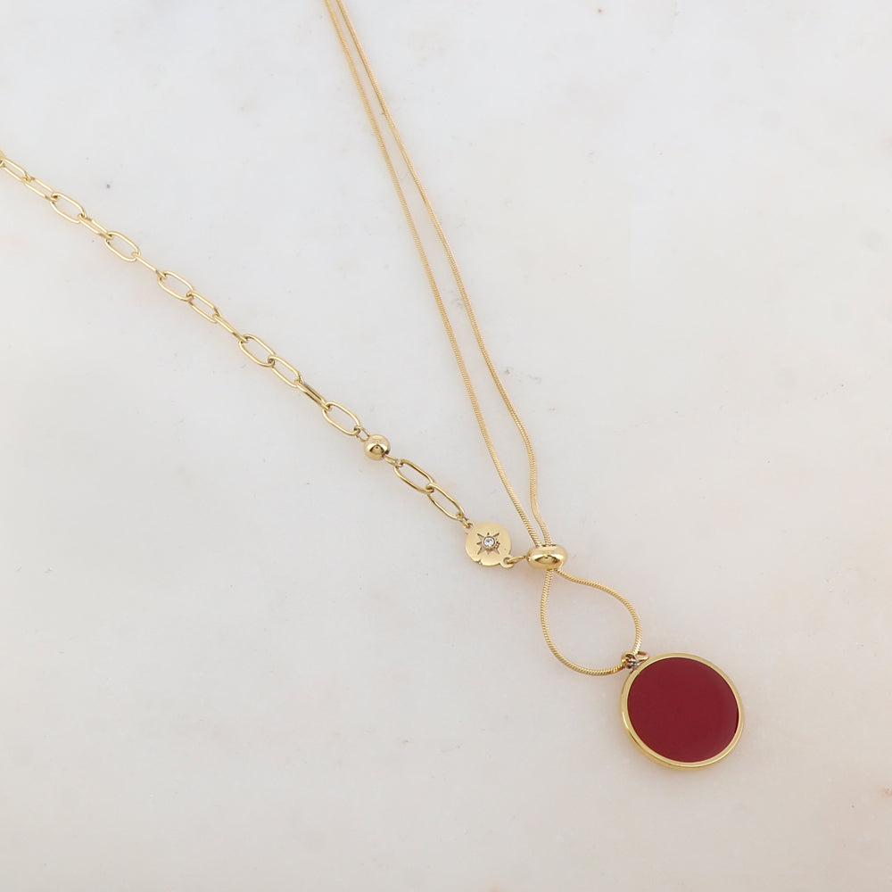 Collier en maille avec pendentif rond émaillé, strass, étoile, petite boule et rondelle (45+5CM)
