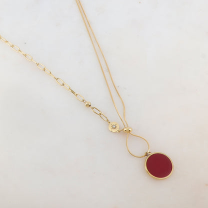 Collier en maille avec pendentif rond émaillé, strass, étoile, petite boule et rondelle (45+5CM)
