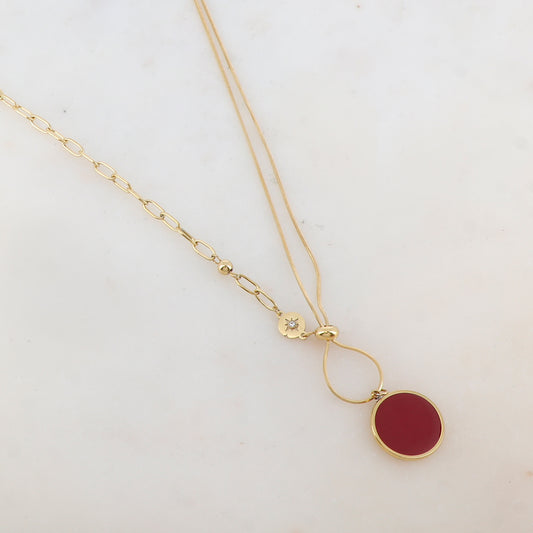 Collier en maille avec pendentif rond émaillé, strass, étoile, petite boule et rondelle (45+5CM)