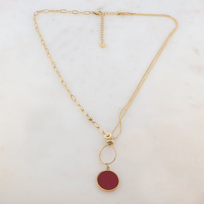 Collier en maille avec pendentif rond émaillé, strass, étoile, petite boule et rondelle (45+5CM)