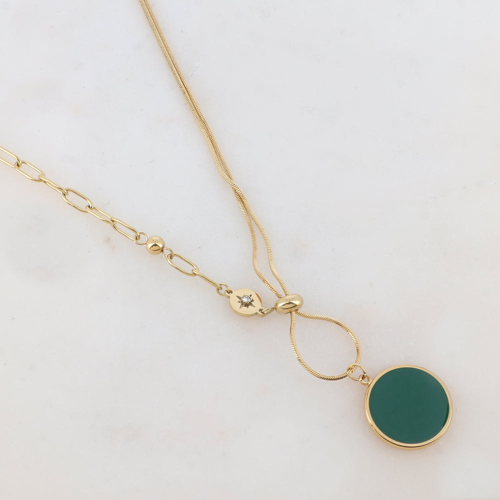 Collier en maille avec pendentif rond émaillé, strass, étoile, petite boule et rondelle (45+5CM)