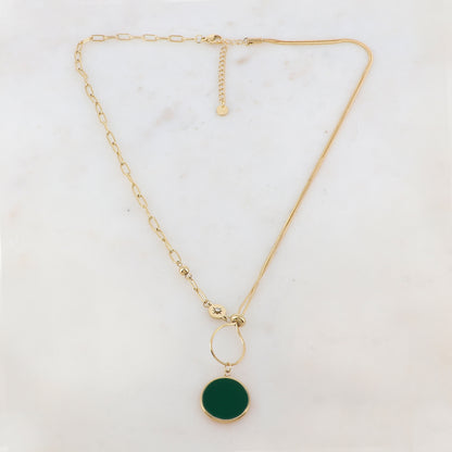 Collier en maille avec pendentif rond émaillé, strass, étoile, petite boule et rondelle (45+5CM)