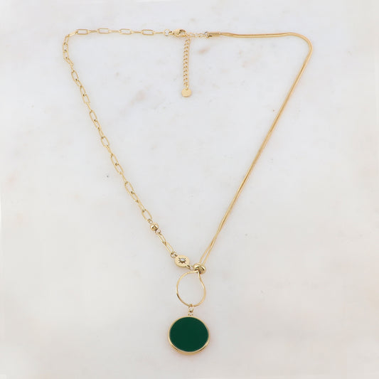 Collier en maille avec pendentif rond émaillé, strass, étoile, petite boule et rondelle (45+5CM)