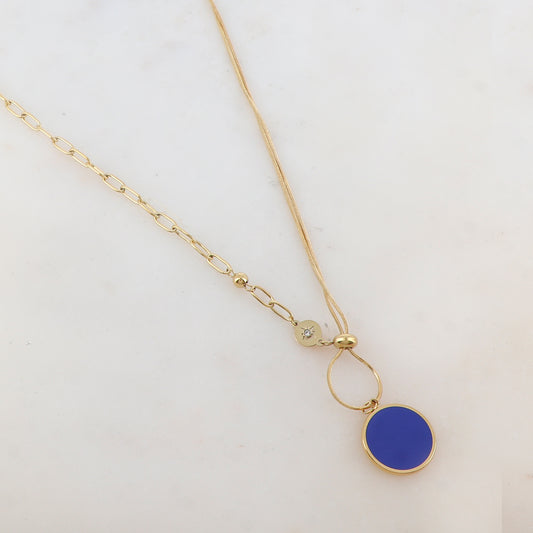 Collier en maille avec pendentif rond émaillé, strass, étoile, petite boule et rondelle (45+5CM)