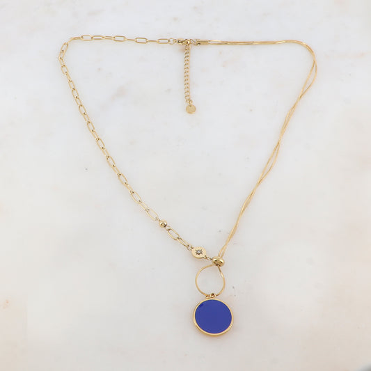 Collier en maille avec pendentif rond émaillé, strass, étoile, petite boule et rondelle (45+5CM)