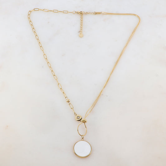 Collier en maille avec pendentif rond émaillé, strass, étoile, petite boule et rondelle (45+5CM)