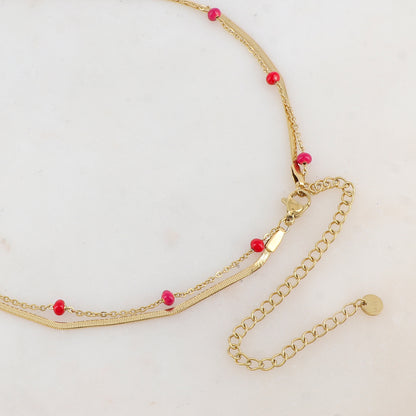 Sautoir 2 rangs avec maille miroir, pampilles rondes et perles émaillées fuchsia (80/90+10CM)
