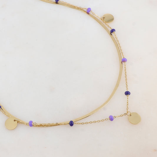 Sautoir 2 rangs avec maille miroir, pampilles rondes et perles émaillées bleues et violettes 80/90+10 cm
