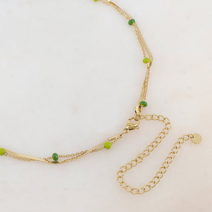 Sautoir 2 rangs avec maille miroir, pampilles rondes et perles émaillées vertes 80/90+10 cm