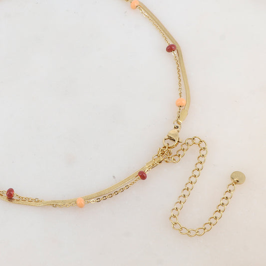 Sautoir 2 rangs avec maille miroir, pampilles rondes et perles emaillées rouges et oranges 80/90+10 cm