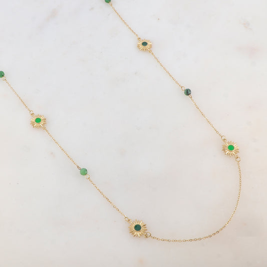 Sautoir avec pierre naturelle agate verte, fleur et émail vert 90+10 cm