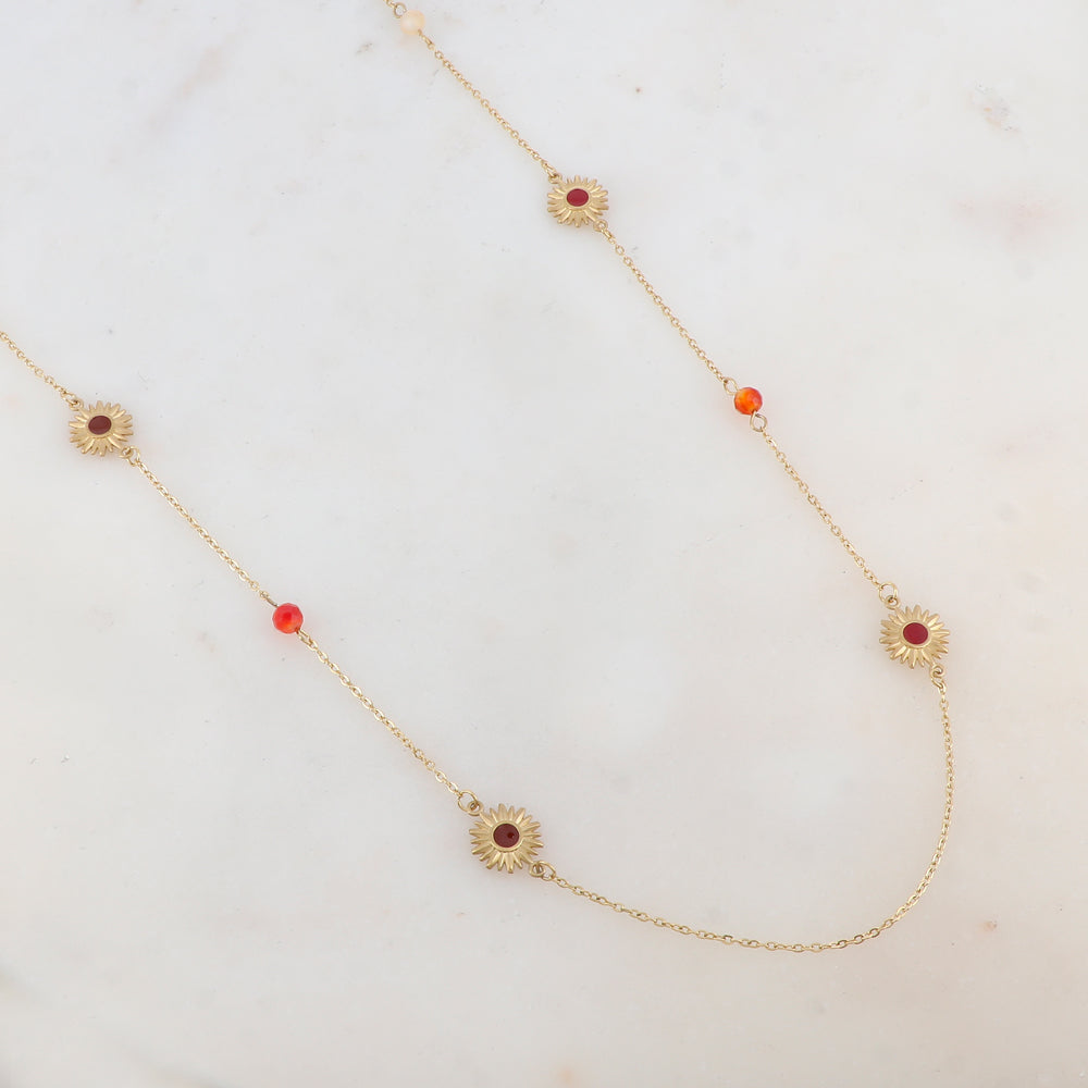 Sautoir avec pierre naturelle agate rouge, fleur et émail rouge 90+10 cm