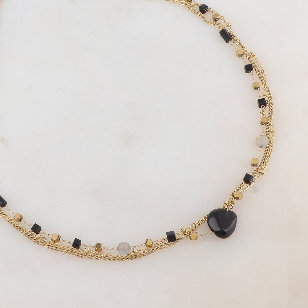 Collier 3 rangs avec pâtes de verre et pierres naturelles (40+5CM)