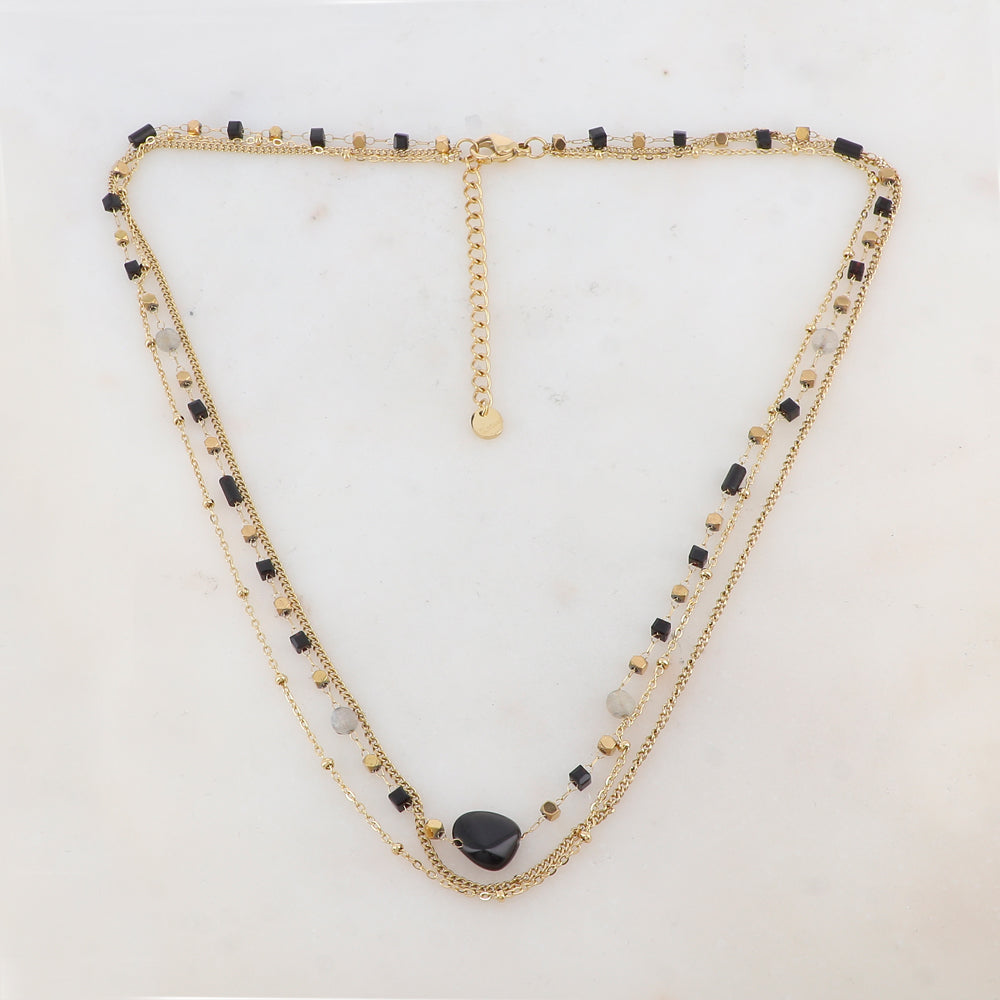 Collier 3 rangs avec pâtes de verre et pierres naturelles (40+5CM)