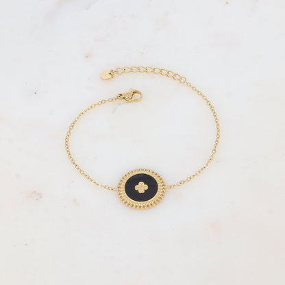 Bracelet avec pièce ronde émaillée, fleur gravée