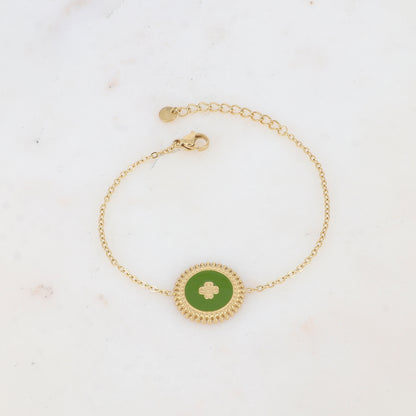 Bracelet avec pièce ronde émaillée, fleur gravée