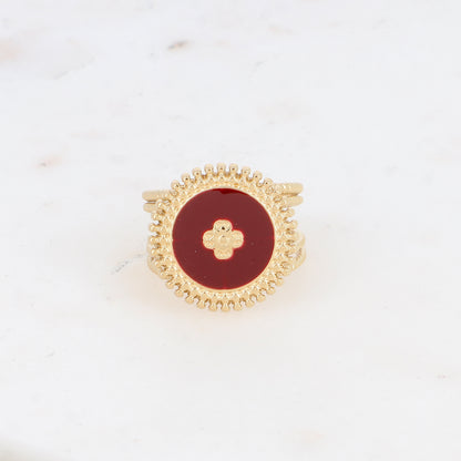 Bague avec pièce ronde émaillée, fleur gravée - Bordeaux