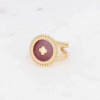Bague avec pièce ronde émaillée, fleur gravée - Bordeaux