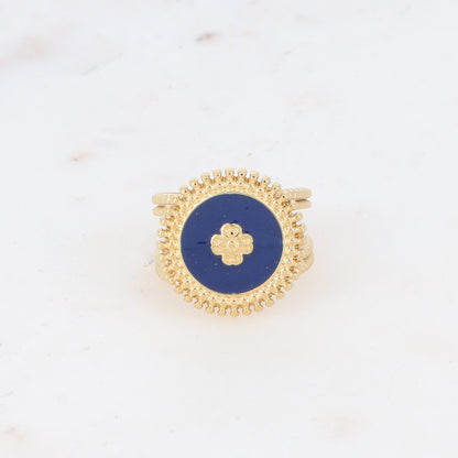 Bague avec pièce ronde émaillée, fleur gravée - Bleu