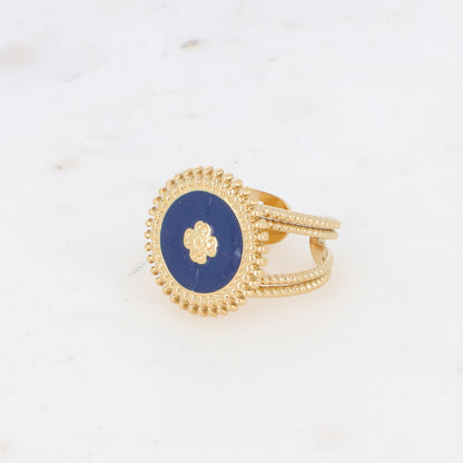 Bague avec pièce ronde émaillée, fleur gravée - Bleu