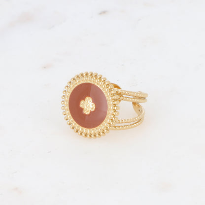 Bague avec pièce ronde émaillée, fleur gravée - Rouge brique