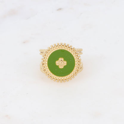 Bague avec pièce ronde émaillée, fleur gravée - Vert