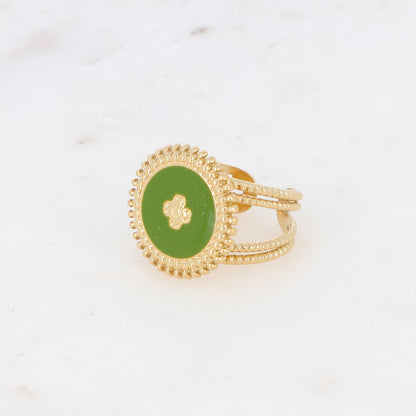 Bague avec pièce ronde émaillée, fleur gravée - Vert
