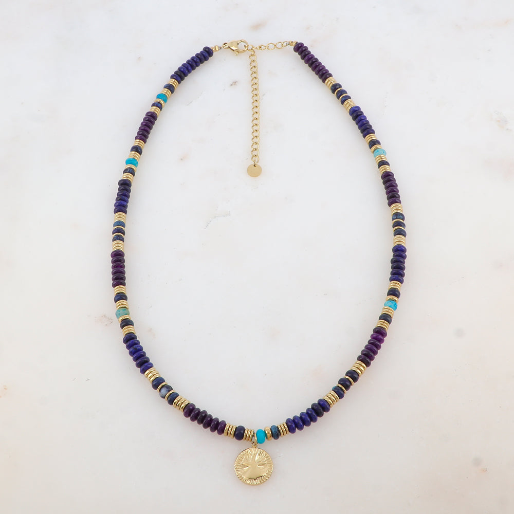 Collier avec pendentif rond et embelli de perles en agate bleue et violette (39+7CM)