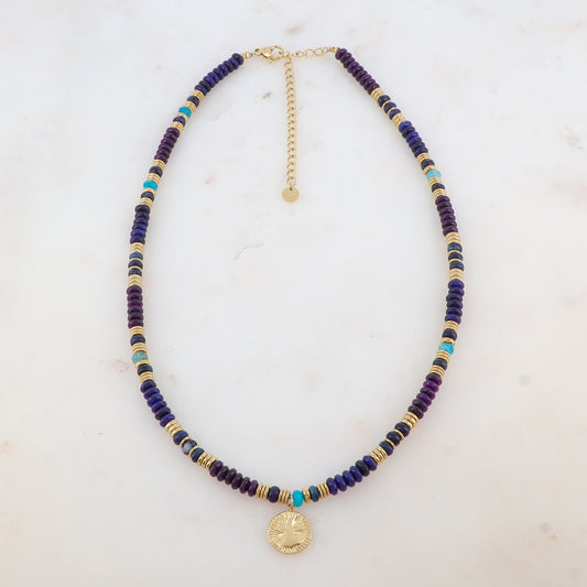 Collier avec pendentif rond et embelli de perles en agate bleue et violette (39+7CM)