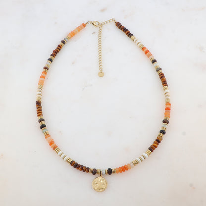 Collier avec pendentif rond et embelli de perles en agate noire, blanche, orange et œil de tigre (39+7CM)