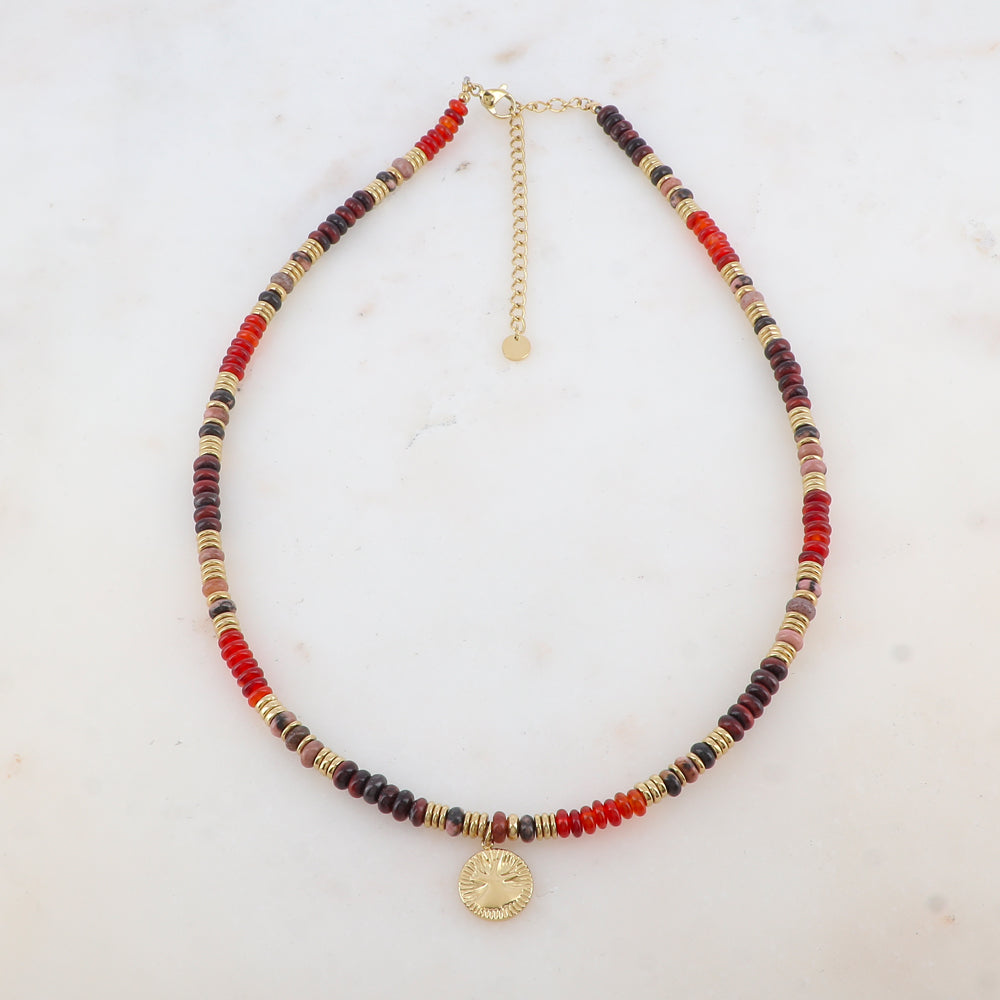 Collier avec pendentif rond et embelli de perles en agate rouge et marron (39+7CM)
