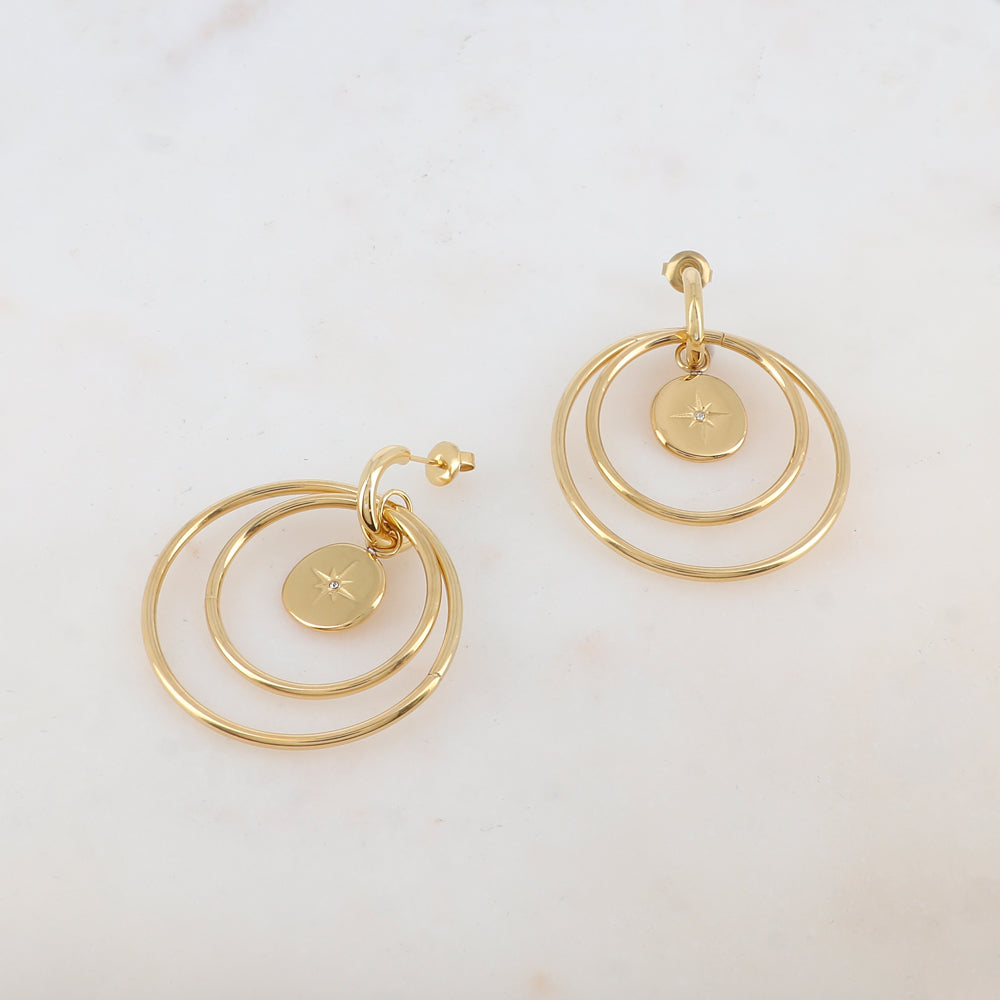 Créoles à puce avec 2 anneaux, 1 pampille ronde avec étoile et strass 4 x 4,8 CM
