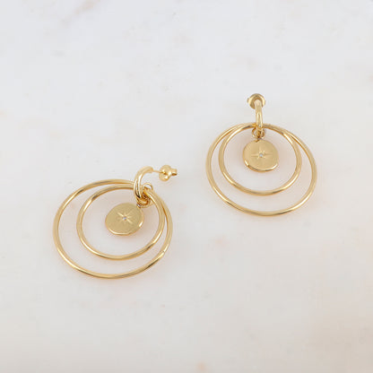 Créoles à puce avec 2 anneaux, 1 pampille ronde avec étoile et strass 4 x 4,8 CM