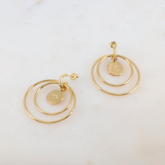 Créoles à puce avec 2 anneaux, 1 pampille ronde avec étoile et strass 4 x 4,8 CM