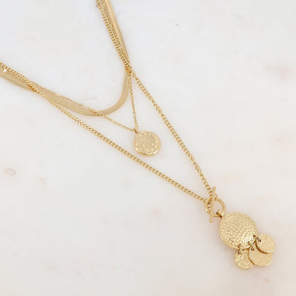 Collier 3 rangs avec maille miroir, 4 pièces rondes martelées et 1 pièce ronde avec motif graphique (38/40/50+7CM)