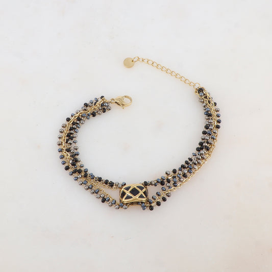 Bracelet trois rangs avec pâtes de verre et pièce émaillée style graphique
