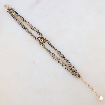 Bracelet trois rangs avec pâtes de verre et pièce émaillée style graphique