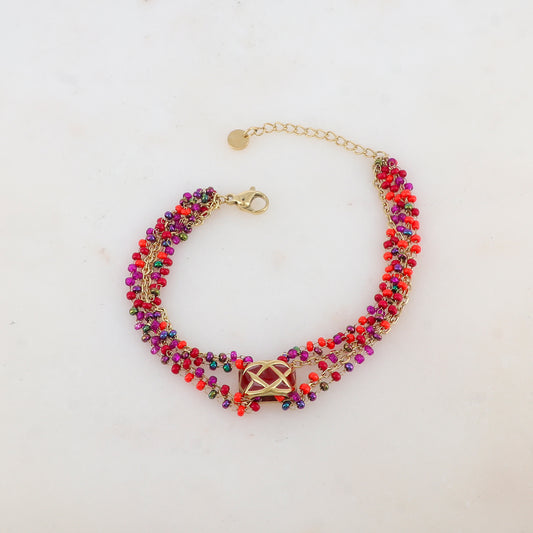 Bracelet trois rangs avec pâtes de verre et pièce émaillée style graphique