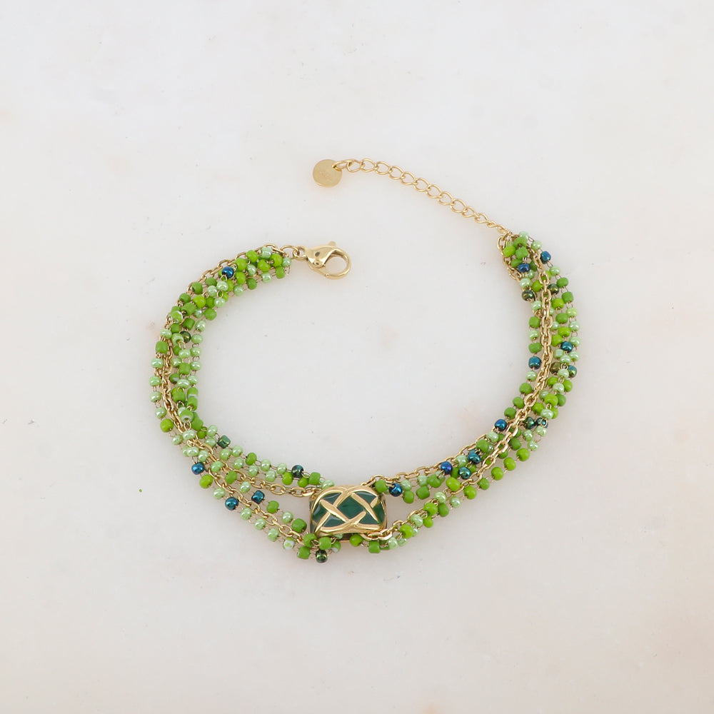Bracelet trois rangs avec pâtes de verre et pièce émaillée style graphique