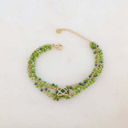 Bracelet trois rangs avec pâtes de verre et pièce émaillée style graphique