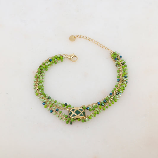Bracelet trois rangs avec pâtes de verre et pièce émaillée style graphique