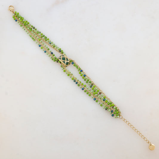 Bracelet trois rangs avec pâtes de verre et pièce émaillée style graphique