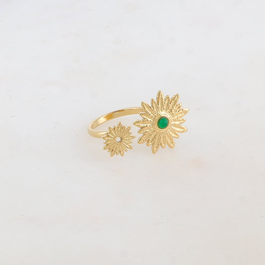 Bague embellie de 2 fleurs et pierre naturelle