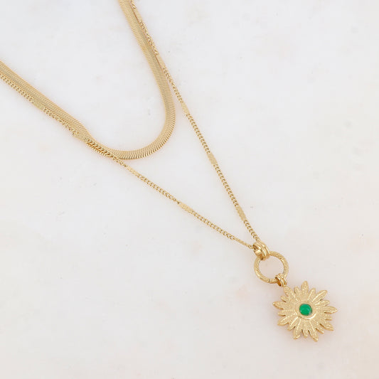 Collier 2 rangs avec maille, pendentif fleur et pierre naturelle (40/48+7CM)