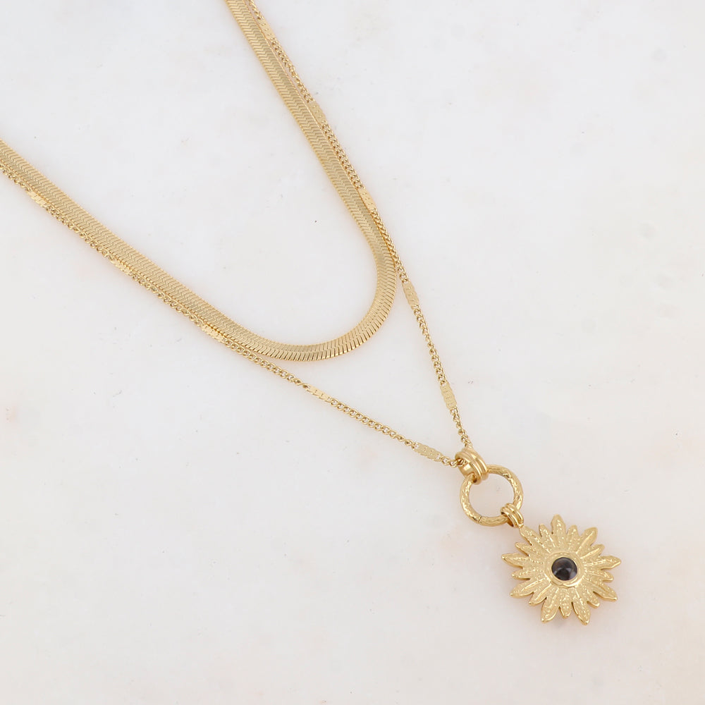 Collier 2 rangs avec maille, pendentif fleur et pierre naturelle (40/48+7CM)